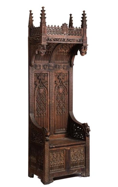 (19th c.) Gothic Revival Oak Hooded Throne Chair : Lot 975 Gothic Chair, Gothic Mansion, Medieval Furniture, Gothic Furniture, Coats Of Arms, Throne Chair, Gothic Revival, Gothic Decor, Gothic House