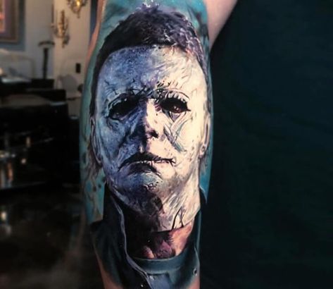 Michael Myers tattoo by Paul Acker Michele Myers Tattoo, Micheal Myers Tattoo Ideas, Micheal Myers Tattoo, Michael Myers Leg Tattoo, Michael Myers Forearm Tattoo, Michael Myers Tattoo, Michael Myers Portrait Tattoo, Horror Movie Tattoos, Norse Mythology Tattoo