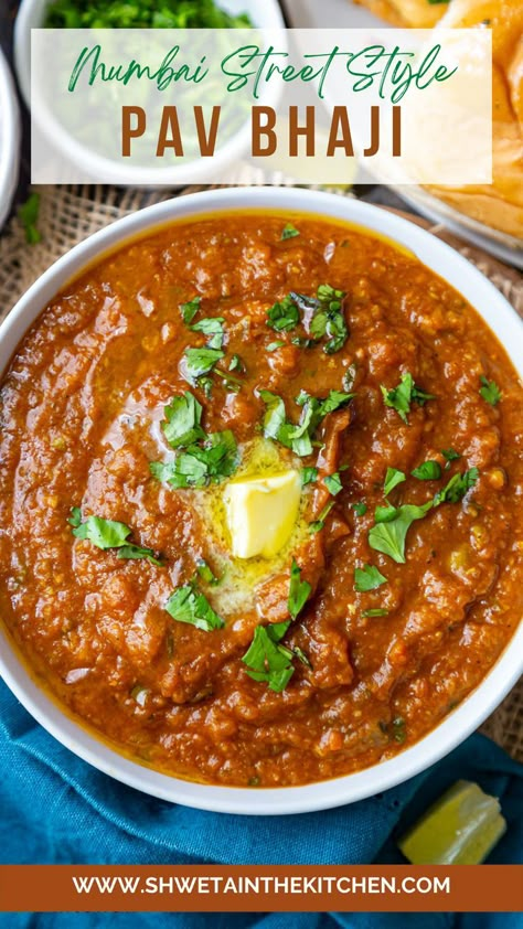 Pav bhaji topped with butter and cilantro served in a white bowl Bombay Pav Bhaji Recipe, How To Make Pav Bhaji At Home, Street Style Pav Bhaji Recipe, Mumbai Recipes, Mumbai Pav Bhaji Recipes, Pav Bajji Recipe, Instant Pot Pav Bhaji, Easy Pav Bhaji Recipe, Pav Bhaji Instant Pot