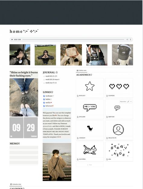 **there is a calendar at the bottom of the screen** Notion Template Links, Aesthetic Ios Setup, Notion Mood Board, Minimal Notion Template, Minimal Notion, Student Planner Organization, Notion Board, Bio Template, Notion Inspo