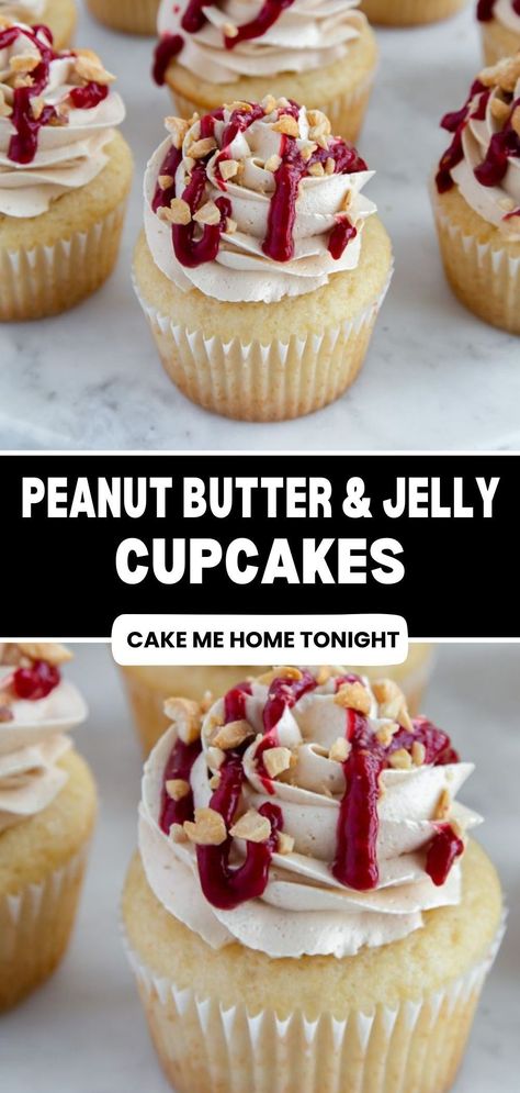 Peanut butter and jelly cupcakes made with vanilla cake, raspberry filling, peanut butter buttercream, and chopped peanuts. Vanilla Cake Raspberry Filling, Cake Raspberry Filling, Peanut Butter And Jelly Cupcakes, Cupcakes Raspberry, Jelly Cupcakes, Peanut Butter Buttercream, Cake Raspberry, Spring Recipes Dessert, Summer Cupcakes