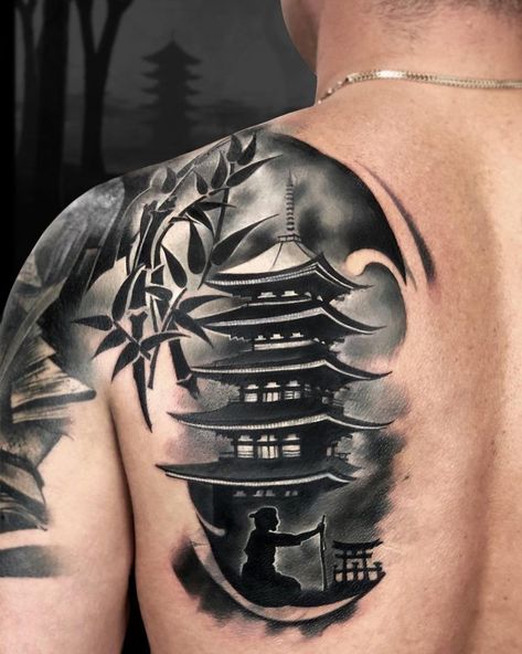 Japanese Temple Tattoo, Back Tattoos For Men, Tattoo On The Back, Warrior Tattoo Sleeve, Tato Ikan Koi, Guerriero Samurai, Japanese Tattoos For Men, Temple Tattoo, Tato Dada