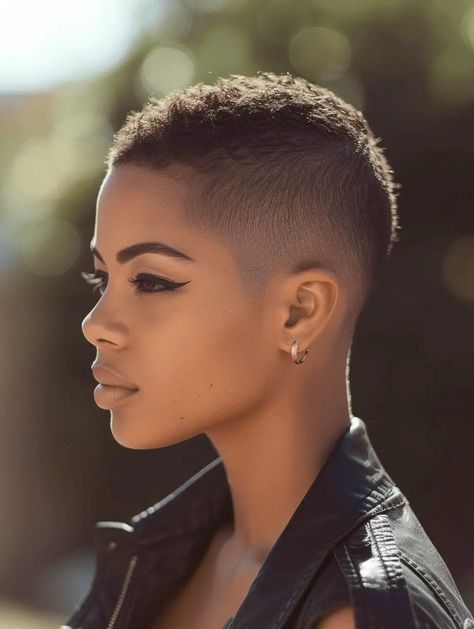 Women Low Cut Hairstyles, Short Hair Slicked Back Black Woman, Low Tapered Fade, Black Women Buzzcut Short Hair, Black Women Barber Haircut, Women’s Bald Fade, Pixie Haircuts For Black Women, Very Short Pixie Haircut, Shaved Head Girl Black Hair