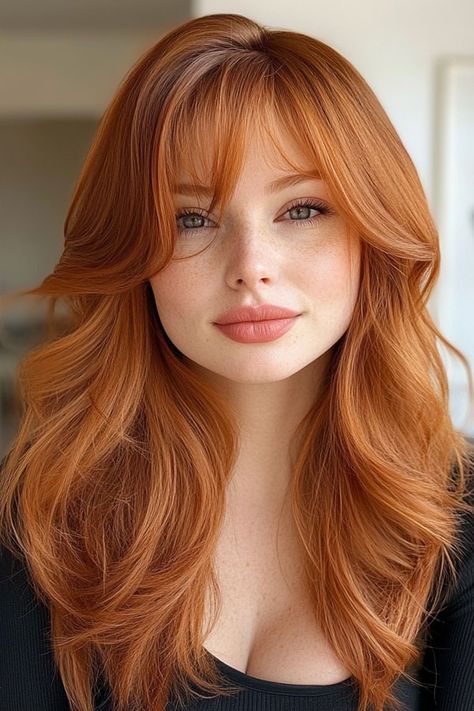 50 Fall Hair Colors to Light Up the Season : Radiant Strawberry Blonde with Soft Layers and Curtain Bangs Long Strawberry Blonde Hair With Bangs, Strawberry Blonde Curtain Bangs, Strawberry Blonde Hair With Blonde, Soft Layers And Curtain Bangs, Ginger Curtain Bangs, Strawberry Dirty Blonde Hair, Dirty Strawberry Blonde Hair, Light Ginger Hair, Golden Copper Hair Color