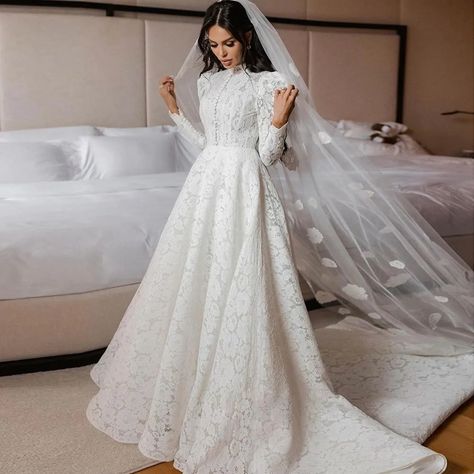 Graceful Lace A Line Wedding Dresses High Neck Button Muslim Arabic Bridal Gown Long Sleeve beach Muslim Gown, Wedding Dresses High Neck, Dresses High Neck, Baju Kahwin, Romantic Wedding Dress Lace, Muslimah Wedding Dress, Wedding Dress Types, Hijab Wedding Dresses, Bride Dress Simple