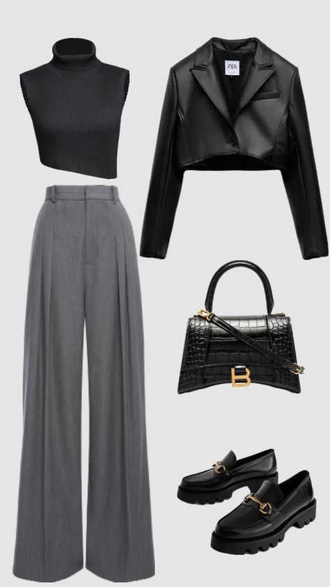 Outfit Layout, Wideleg Pants, Classy Work Outfits, Stylish Work Outfits, Leather Jacket Black, 가을 패션, Fancy Outfits, Black Leather Jacket, Business Casual Outfits