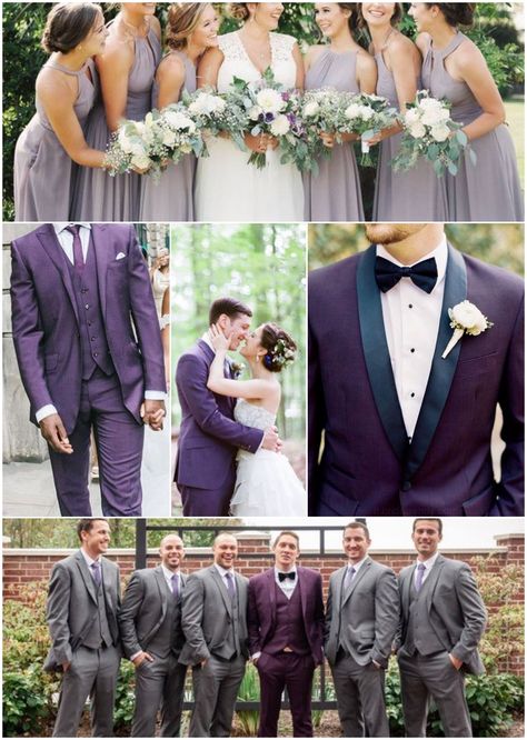 Dark Purple Suit (Groom), Grey Suits (Groomsmen), & Light Purple/Grey Dresses (bridesmaids) Purple And Grey Suit Grooms, Gray Suits For Men Wedding With Purple, Grey And Plum Groomsmen Suits, Gray And Purple Tuxedo Wedding, Purple Suit For Groom, Light Purple Groom Suit, Groom In Purple Suit, Grey Suits With Purple Ties, Purple Bridesmaid Grey Groomsmen