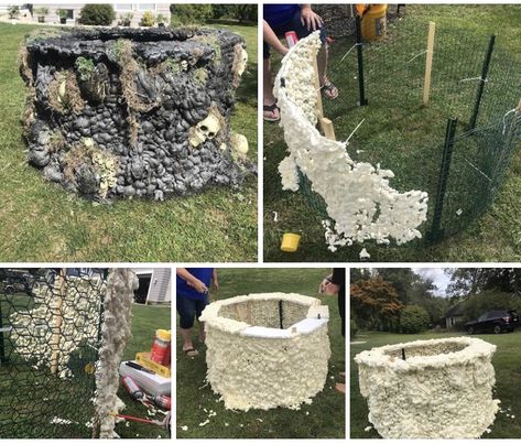 Easy Halloween well building tutorial by KD-Mcintosh Gravestone Ideas Halloween, Halloween Well Prop, Haunted Greenhouse Halloween, Diy Halloween Trail Ideas, Outdoor Haunted Forest Ideas, Spook Trail Ideas, Scary Decorations Diy, Haunted House Diy Ideas, Halloween Haunted Trail Ideas