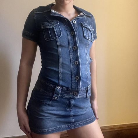 guess jeans button up denim dress size: S brand:... - Depop Vintage Denim Dress With Button Closure, Button-up Denim Mini Dress, Fitted Denim Blue Button-up Mini Dress, Fitted Denim Button-up Mini Dress, Vintage Button-up Denim Dress In Medium Wash, Jeans Button, Guess Jeans, Amy Winehouse, Denim Dress