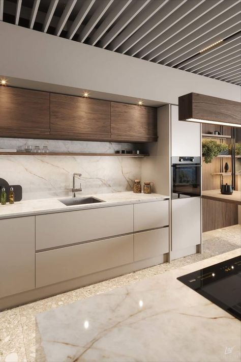 Kitchen Inspiration Design Minimalist, Beige Wood Kitchen Cabinets, Beige Kitchen Dark Floor, Dream Modern Kitchen, White Brown Kitchen, Cashmere Kitchen, Modern Minimalist Kitchen, Magnet Kitchen, Minimalist Kitchen Design