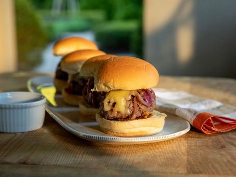 Smashed Hamburgers with Caramelized Onions Recipe | Ina Garten | Food Network Smashed Meatball Burgers, Smashed Hamburgers, Smashed Burgers, Caramelized Onions Recipe, Carmelized Onions, Ina Garten Recipes, Potato Roll, Smash Burger, Burgers Sandwiches