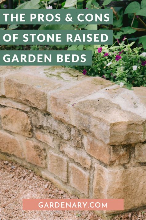 The Pros and Cons of Stone Raised Garden Beds • Gardenary Raised Block Garden Beds, Raised Flower Beds In Front Of Porch, Front Raised Flower Bed Ideas, Stone Raised Beds Landscaping, Raised Paver Garden Beds, Raised Beds Stone, Stone Raised Garden Beds Along Fence, Raised Stone Flower Beds In Front Of House, Stone Vegetable Garden