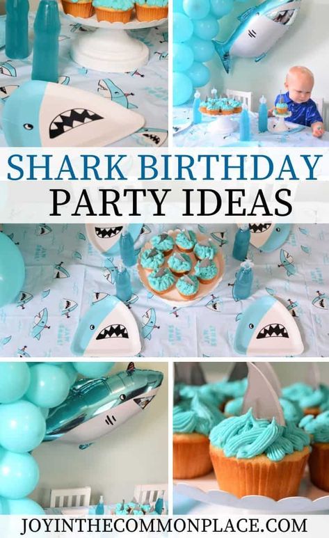 Are you planning a shark themed party soon? Get inspired with a fin-tastic shark birthday party! Discover simple shark party decorations, shark fin cupcakes and a unique shark inspired backdrop! #sharkparty #shark #birthdayparty Diy Shark Party Decorations, Shark Birthday Party Ideas, Shark Fin Cupcakes, Shark Party Decorations, Shark Themed Party, Shark Boy, Shark Themed Birthday Party, Ocean Birthday, Toddler Birthday Party