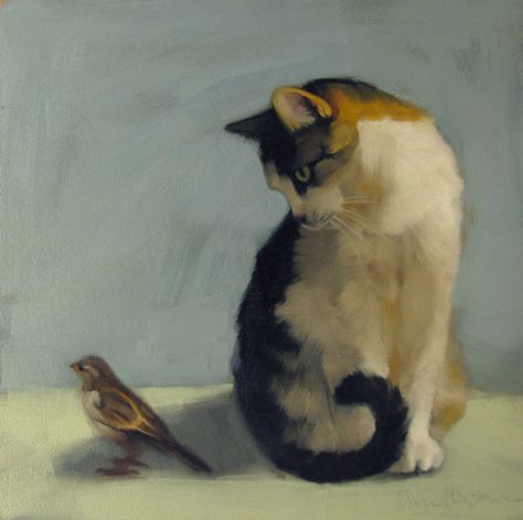 "In the Shadow" Diane Hoeptner. Oil on wood. The artist writes: "The subjects of this painting were photographed in two different places...The sparrow frequents the outdoor cafes at the Cleveland Zoo and kitty waits for adoption at the Cleveland Animal Protective League...  Kitty considered pouncing and decided against it." Cat Painting Ideas, Calico Cat Art, Cat Paintings, Cat Bird, Image Chat, Bird Painting, Cat Artwork, Edgar Degas, Watercolor Cat