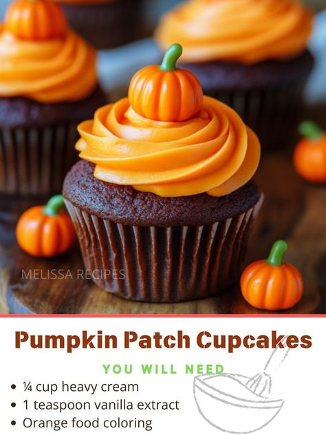 Melissa Recipes | Pumpkin Patch Cupcakes 🎃🧁 | Facebook Pumpkin Mini Cupcakes, Fall Mini Cupcakes, Mini Cupcakes Recipe, Mini Cupcake Recipes, Candy Pumpkins, Mini Cupcake Pan, Recipes Pumpkin, Fall Cupcakes, Orange Frosting