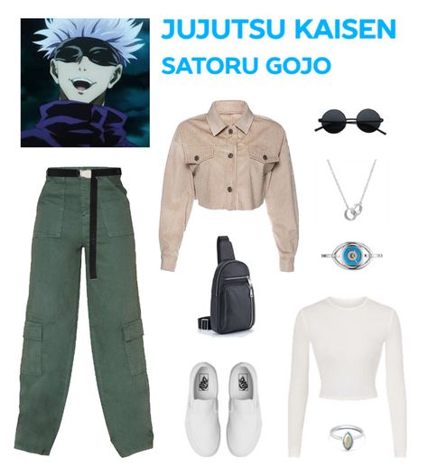 Step into the enigmatic style of Satoru Gojo from Jujutsu Kaisen with this relaxed and street-savvy anime-inspired outfit! Embrace his iconic anime outro look with a cord cropped beige jacket and green trousers. Subtle eye-inspired jewelry pays homage to his mystifying powers. Unleash your inner sorcerer and exude Gojo's charisma with this Satoru Gojo-inspired ensemble. 👁️ Anime Based Outfits, Anime Style Clothes Inspired Outfits, Gojo Style Outfit, Gojo Satoru Outfit Ideas, Gojo Satoru Casual Outfit, Gojo Outfit Ideas, Jujutsu Kaisen Outfit Ideas, Jujutsu Kaisen Inspired Outfits, Gojo Inspired Outfit