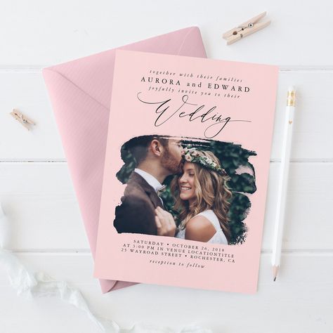 Pink Modern Stylish Boho Wedding Photo Invitation Wedding Photo Invitations, Boho Wedding Invitation Template, Wedding Invitation Modern, Modern Boho Wedding, Boho Wedding Invitations, Light Pink Wedding, Boho Wedding Invitation, Rustic Boho Wedding, Dusty Rose Wedding