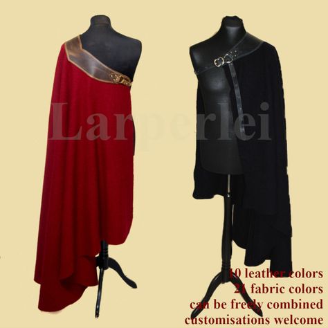 A half-coat made of broadcloth and oiled leather, for the colder season. It closes with a buckle and can be worn diagonally falling over the shoulder or as either a high standing collar cape with the opening on the front. Dress Size: one size fits all Leather thickness : 1.6-2 mm Material: 50 % pure new wool, 50% leather, contains non-textile parts of animal origin  Design by Runa - Rian Armor Clothing, Womens Costumes, Shoulder Cape, Concept Clothing, Standing Collar, Medieval Clothing, Fantasy Clothing, Women's Costumes, Fantasy Fashion