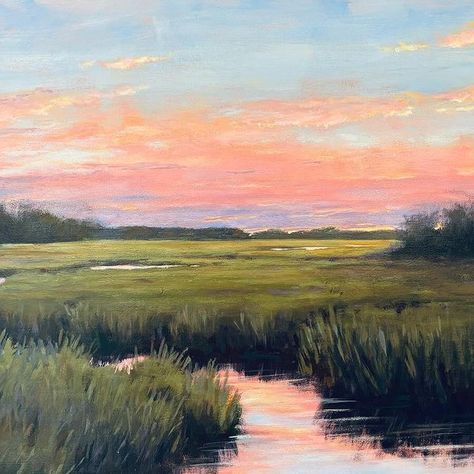 Margaret Babbitt Studio | Thinking this is done - moving it to the side to sit a for a bit. Golden Morning, 20x28 acrylic . . #coastal #marsh #skylovers… | Instagram Sunset Marsh Painting, Salt Marsh Painting, Coastal Painting Ideas, Marsh Artwork, Painting Inspo Acrylic, Marsh Watercolor, Marsh Pictures, Coastal Art Painting, Marsh Photography