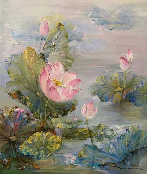 Original impressionism painting by Thien Ha (Vietnam). This one-of-a-kind oil on canvas painting measures 23.6W x 27.6 H inches. The floral painting ships in a tube directly from the artist's studio and is covered by the 14-day satisfaction guarantee from Saatchi Art, so you can buy with confidence. Lotus Artwork, Art Core, Personal Investigation, Lotus Art, Impressionism Painting, Lotus Flowers, Impressionism Art, Clay Art Projects, Oil Painting Flowers