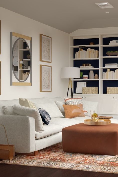 Navy, copper, and white is a classic color combo for this casual living space featuring the Harmony Sofa from West Elm. White Sofa Living Room Color Combos, White Sofa Living, Harmony Sofa, White Sofa Living Room, Cream Sofa, White Sofa, Sofa Living Room, White Sofas, Sofa Living