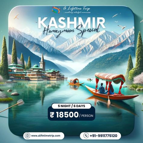 Embark on a romantic journey amidst the pristine valleys, serene lakes, and snow-capped peaks of Kashmir. Share tranquil shikara rides on Dal Lake, explore Mughal gardens, and warm your hearts by the cozy firesides. Let Kashmir be the canvas for your love story. 💑🌸 #KashmirHoneymoon #RomanticGetaway #ALifetimeTrip #NatureAndLove #ParadiseForTwo #ExploreKashmir #LoveInBloom #IncredibleIndia #alttrips🌹❄️🚣‍ Tours And Travels Creative Ads, Badshah Rapper, Travel Graphics, Travel Banner, Carnival Design, Becky Wwe, Dal Lake, Croquis Fashion, Digital Advertising Design