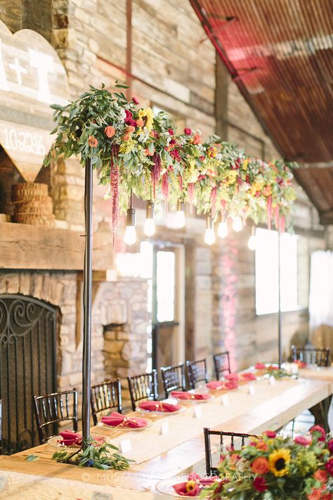 Hanging Floral Installation Over Head Table, Sweetheart Table Hanging Flowers, Hanging Floral Over Head Table, Hanging Florals Over Table, Hanging Table Decor, Whimsical Wedding Theme Indoor, Hanging Floral Arrangements Wedding, Over The Table Flower Rod, Hanging Florals Wedding Reception