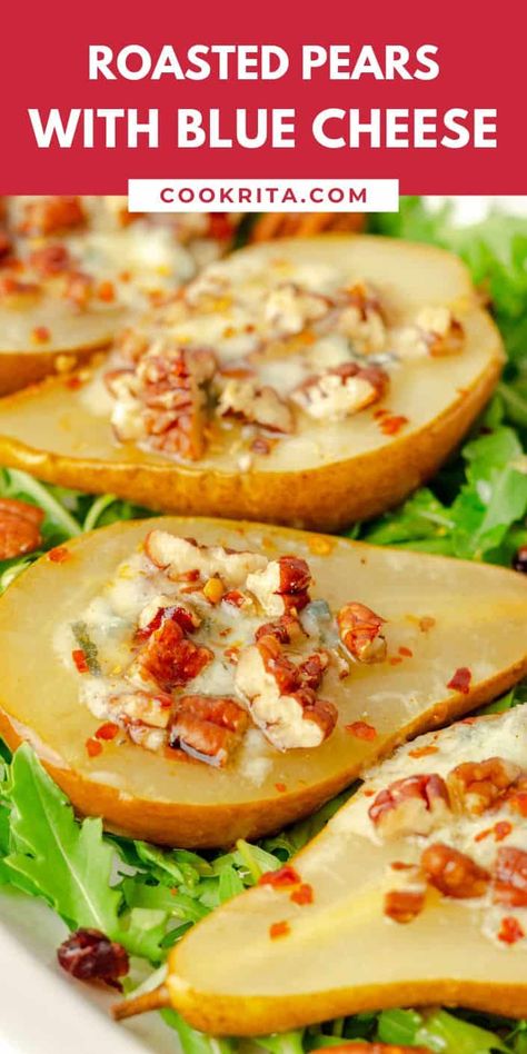 These juicy roasted pears with blue cheese, walnuts, and honey are a delicious and elegant appetizer. Perfectly roasted, they offer a sweet-savory flavor that's sure to impress your guests. Pears With Blue Cheese, Roasted Pears, Baked Pears, Roasted Pear, Elegant Appetizers, One Dish Meals, Red Chili Flakes, Appetizers Recipes, Honey Roasted