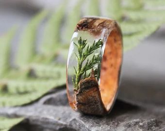 M on Etsy Bark Ring, Forest Jewelry, Rustic Ring, Rustic Rings, Bright Copper, Eco Resin, Nature Ring, Birch Bark, Green Forest