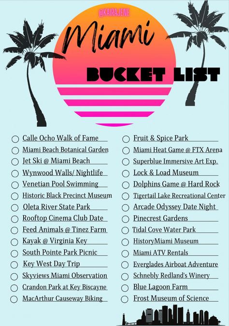 A bucket list with variety that I put together for my husband and I when we moved to Miami. Enjoy with friends, loved ones, etc. 😉 Miami To Do List, Things To Do In Miami With Teens, Miami Must Do Bucket Lists, Miami To Do, Fun Things To Do In Miami, Places To Go In Miami, Miami In December, Miami Bucket List, Miami Christmas