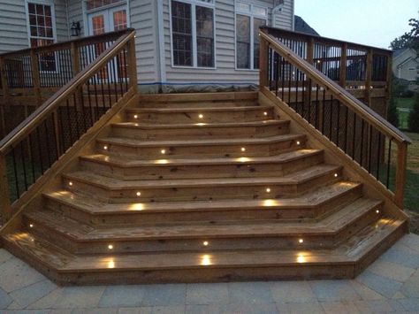 Lights In Deck Steps, Deck Stairs To Pool, Deck With Stairs In Middle, Cascading Deck Stairs, Corner Steps On Porch, Outdoor Stairs To Patio, Back Porch Stairs, Wide Deck Stairs, Deck Stairs Ideas