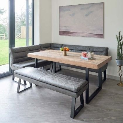 Dining Table With Bench And Chairs, Bench Dining Table Against Wall, Small Banquette Seating In Kitchen, Small Banquette Seating, Kitchen Table With Bench Seating, Reclaimed Wood Table Top, Corner Bench Dining Set, Banquette Seating In Kitchen, Dining Room Bench Seating