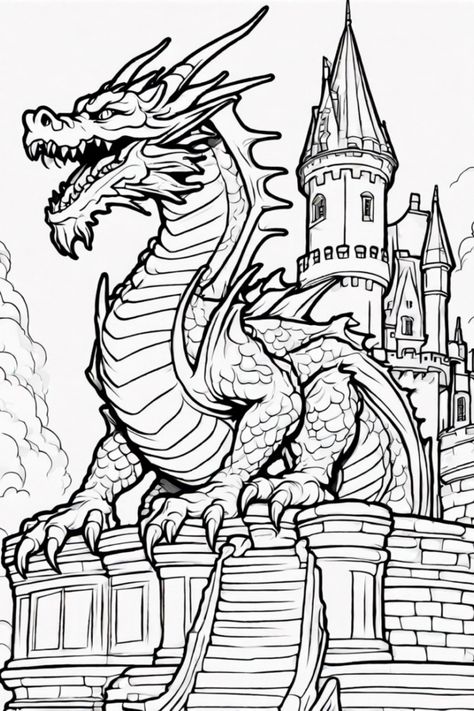 Dive into the magical world of a fierce dragon guarding a majestic castle! Let your creativity roam free as you bring this epic scene to life with colors. Get ready for a coloring adventure like no other! Perfect for kids and adults alike who love mythical creatures and fantasy artwork. Dragons Coloring Pages, Fantasy Coloring Pages, Majestic Castle, Powerful Dragon, Forest Coloring Pages, Castle Coloring Page, Fierce Dragon, Forest Coloring, Enchanted Forest Coloring