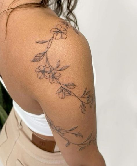 Shoulder Tattoos Vines, Stem Of Flowers Tattoo, Above Knee Cap Tattoos Women, Tattoos On Top Of Shoulder, Southern Sleeve Tattoos For Women, Georgia Tattoo For Women, Plumeria Vine Tattoo, Full Arm Wrap Around Tattoo, Dainty Upper Arm Tattoos For Women