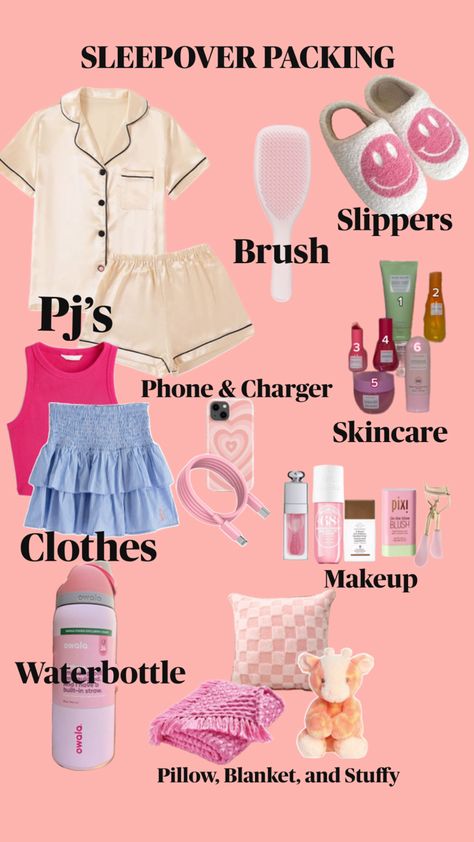 What to pack for a sleepover Pack For A Sleepover, Sleepover Checklist, Sleepover Packing, Sleepover Packing List, Trip Essentials Packing Lists, Fun Sleepover Activities, Teen Sleepover Ideas, Sleepover Essentials, Blush Outfit