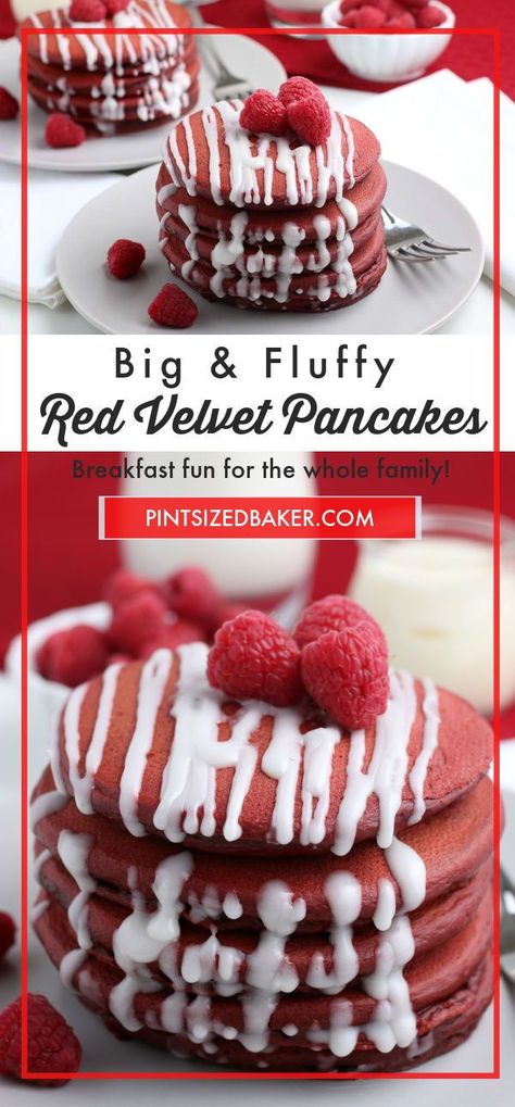 Red Velvet Pancakes Recipe, Red Velvet Pancake, Sugar Cookie Cheesecake, Valentine Sweets, Red Velvet Pancakes, Romantic Breakfast, Lemon Ricotta Pancakes, Dairy Free Cream Cheese, Pancakes From Scratch