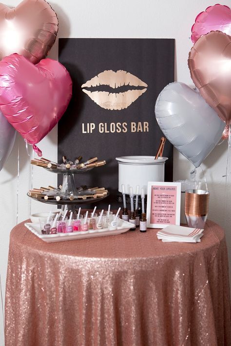 WOW! This DIY Lip Gloss Favor Bar Idea Is Ultra Fabulous! Lip Gloss Bar, Beauty Party Ideas, Beauty Bar Ideas, Business Launch Party, Favor Display, Metal Cake Stand, Natural Lip Gloss, Diy Lip Gloss, Galentines Party