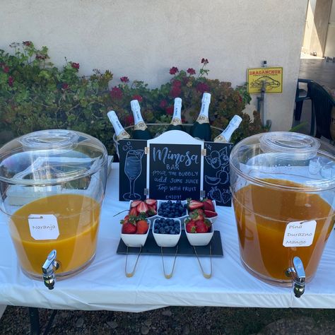 Mimosa bar with champagne, fruit and juice on a table. There’s juice dispensers on either side with little bowls of strawberries and blueberries in the center. Behind the fruit is a chalk board that reads “mimosa bar” and an ice tub with champagne bottles in the back. Mimosa Pitcher, Mimosa Bar Wedding, Mimosa Champagne, Mimosa Bar Sign, Glass Dispenser, Mimosa Bar, Grad Party, Grad Parties, Bridal Shower Games