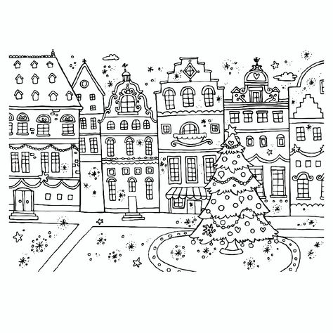 Christmas Village Coloring Page, Christmas Village Doodle, Christmas Village Drawing, Town Drawing, Christmas Card Illustration, Window Drawing, Deco Table Noel, Gingerbread Village, Christmas Window Decorations