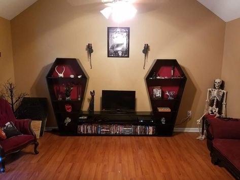 Coffin shelves How To Make A Coffin Bookshelf, Coffin Furniture, Coffin Shape Shelf Diy, Coffin Bed Frame, Goth Tv Stand, Coffin Nightstand, Coffin Couch, Coffin Bed Bedrooms, Coffin Bookcase