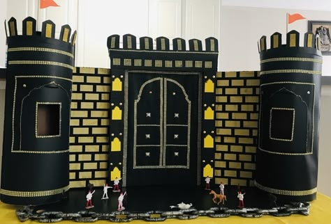 Killa(fort) made of cardboard Killa Decoration For Ganpati, Bay Decoration, Cardboard Fort, Evs Project, Gauri Decoration, Cardboard Forts, Ganesha Festival, Enchanted Halloween, Fence Decorations