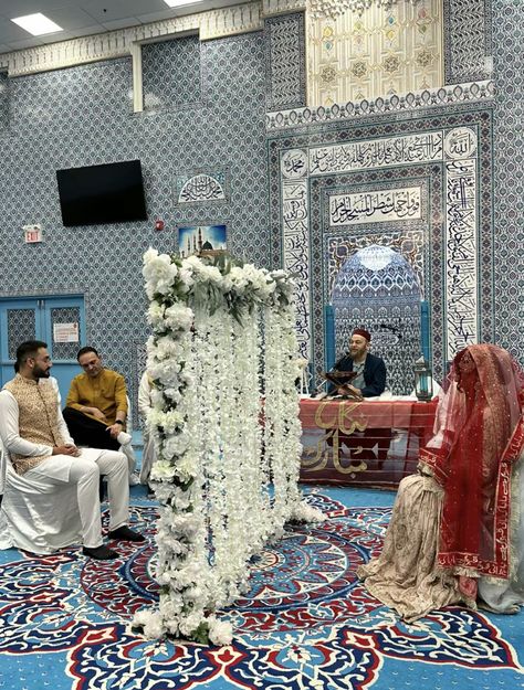 Nikah Aesthetic Pictures, Islamic Wedding Decoration, Pakistani Wedding Venue Ideas, Masjid Nikkah Decor, Nikkah In Masjid, Nikkah In Mosque, Nikah Masjid, Pakistani Nikah Decoration, Nikah Ceremony Decor