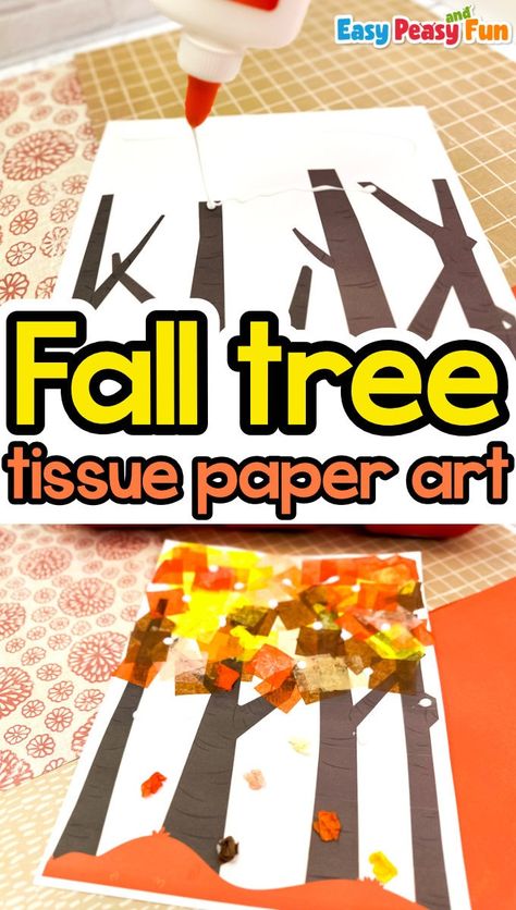 Fall Tree Tissue Paper Art - Easy Peasy and Fun Tissue Paper Ideas, Tissue Paper Trees, Simple Art Activity, Kids Tree, Tissue Paper Art, Tissue Paper Crafts, Fun Fall Crafts, Fall Arts And Crafts, Fall Tree