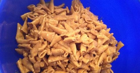 21 oz. of Bugles (about 1 and 1/2 Value Size Bags) 2 cups brown sugar 2 cubes butter or margarine (1 cup) 1-3/4 cup... Caramel Bugles Recipe, Caramel Bugles, My Recipe Book, Cereal Treats, Nut Recipes, Crunchy Snack, Baking Sweets, Snack Mix, Pinterest Recipes