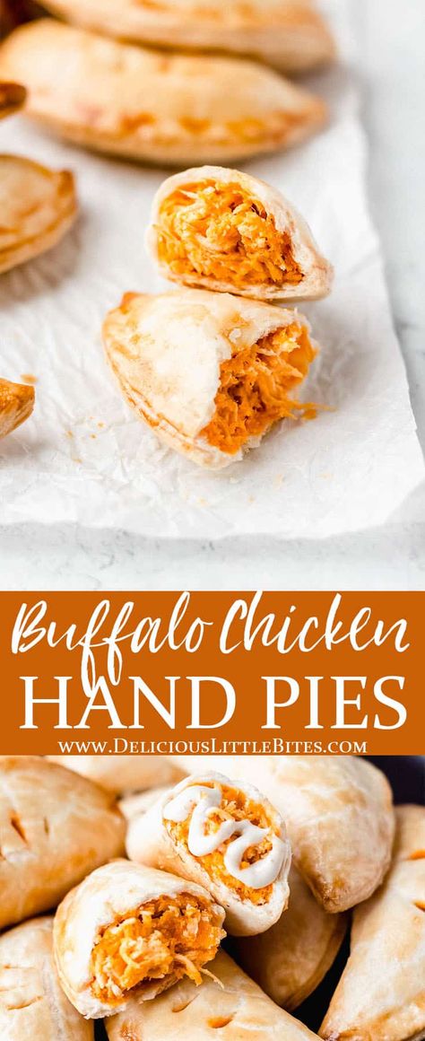 Cheesy Buffalo Chicken Hand Pies are a fun, easy way to enjoy this popular flavor. This savory hand pies recipe can be served as an appetizer, snack, or the main meal. | #handpies #savoryhandpies #chicken #buffalochicken #appetizers #tailgating #snacks Buffalo Chicken Pie, Savory Hand Pies Recipes, Tailgating Snacks, Easy Hand Pies, Savory Hand Pies, Chicken Hand Pies, Cheesy Buffalo Chicken, Gravy Casserole, Biscuits And Gravy Casserole