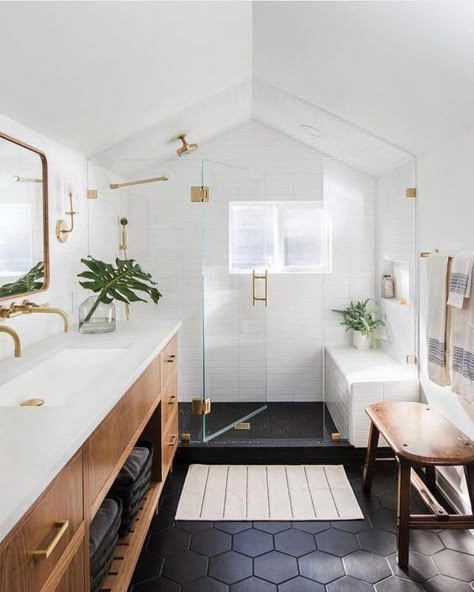 Beautiful bathroom ideas and inspiration - wood, black and white bathroom #bathroomdecor #BathroomDIY Long Bathroom Layout, Textured Bathroom, Bathroom Attic, Inexpensive Bathroom Remodel, Bathroom Tile Diy, Long Bathroom, Bathroom Remodel Diy, Restroom Remodel, Modern Bathroom Renovations