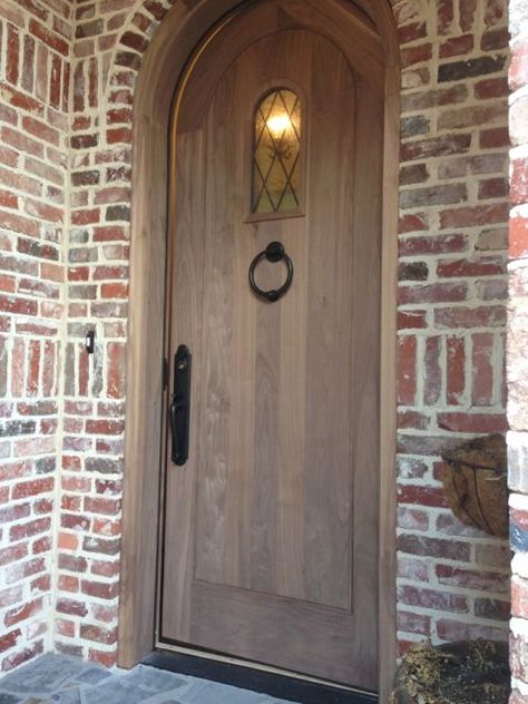 Walnut door installed and ready to be stained ... Solid Wood Arched Front Door, Arches In Homes Interiors, Mix Of Modern And Antique, Stained Front Door, Arched Front Door, Antique French Doors, House Main Door, Door House, French Country Modern