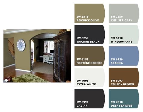 Renwick Olive Sherwin Williams, Olive Wall Color, Olive Sherwin Williams, Grey Windows, Chelsea Gray, Color Chip, House Paint Exterior, House Paint, Window Pane