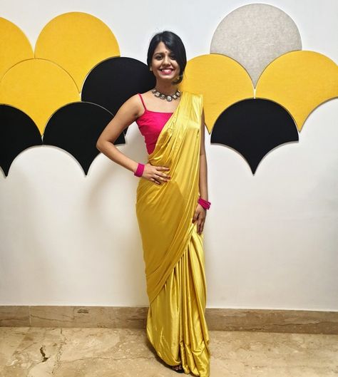 Plain Satin saree with stylish blouse Saree With Stylish Blouse, Plain Satin Saree, Saree Style, Yellow Saree, Satin Saree, Stylish Blouse, Wooden House, Saree Styles, Saree