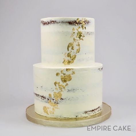 Two-Tier Naked with Gold Leaf - Empire Cake Cake Gold Leaf, Wedding Cake Gold Leaf, Wedding Cakes One Tier, Christ Centered Wedding, 2 Tier Wedding Cakes, Cake With Gold, Tiered Cake Design, Two Tier Cake, 2 Tier Cake